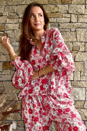 Daughter Of Ibiza Lovechild Balloon Sleeve Shirt Scarlet & Rose Pre order 14 days